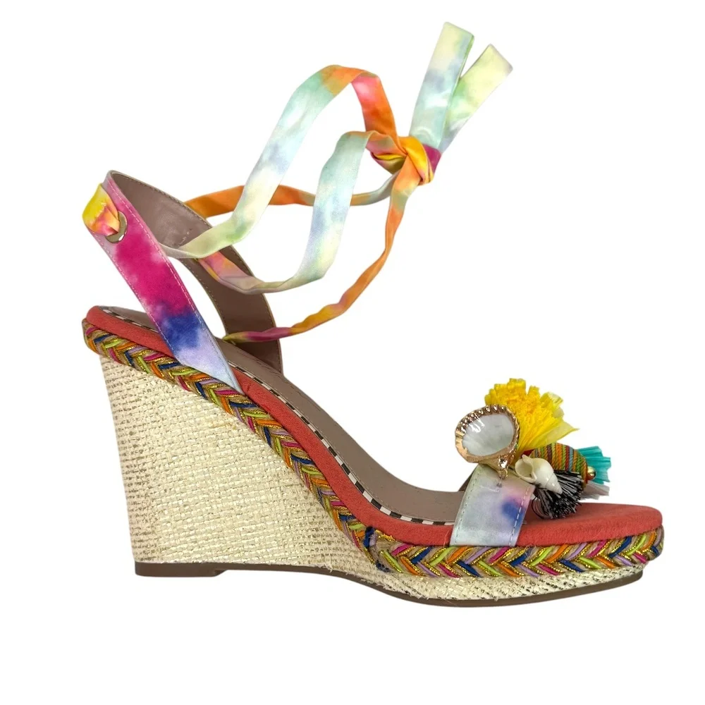 Betsey Johnson Izzi Embellished Wedge Sandals Lace Up Playful Whimsical Size 7 - Picture 4 of 9